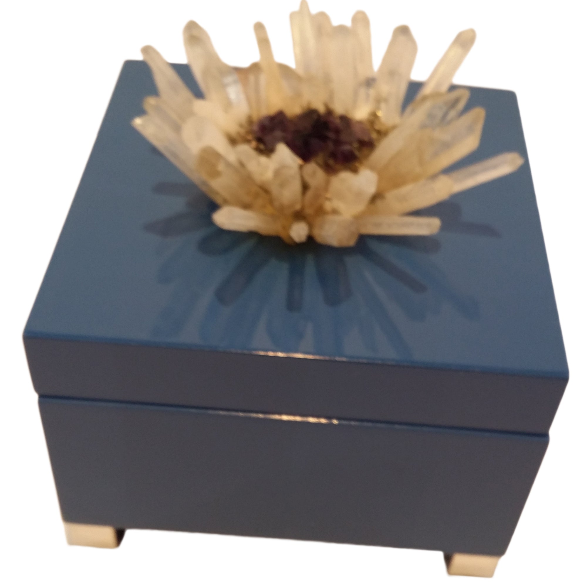 Decorative Box with Quartz Crystal Embellished top Pull. Dimensions: 6" Square